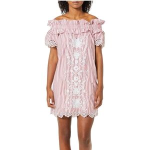 Nwt Parker Off Shoulder Red/white Stripe Embroidered Floral Dress
